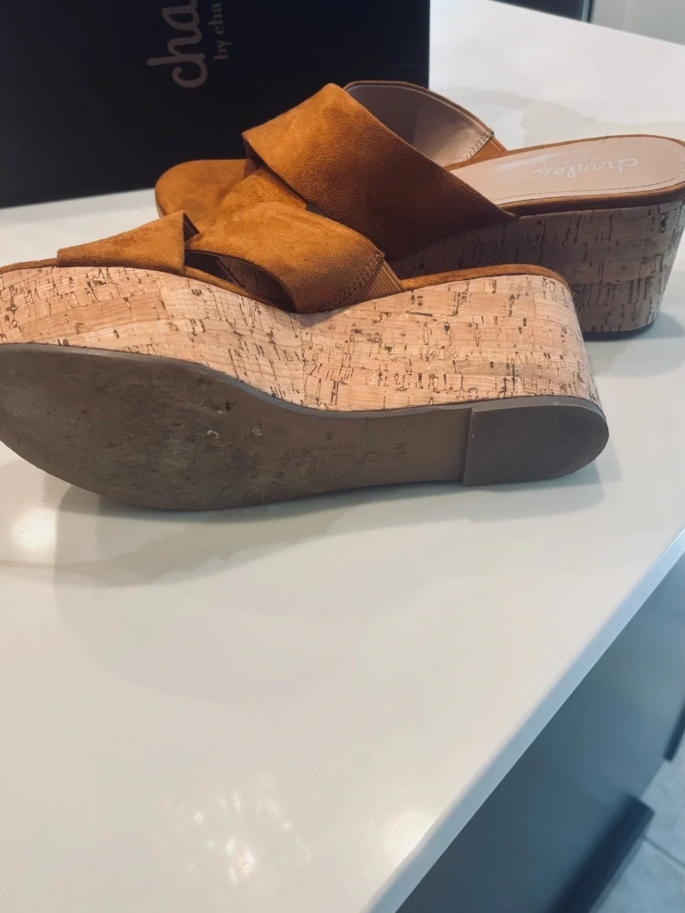 Charles by Charles David Tan Suede Cork Platform Slide Sandals